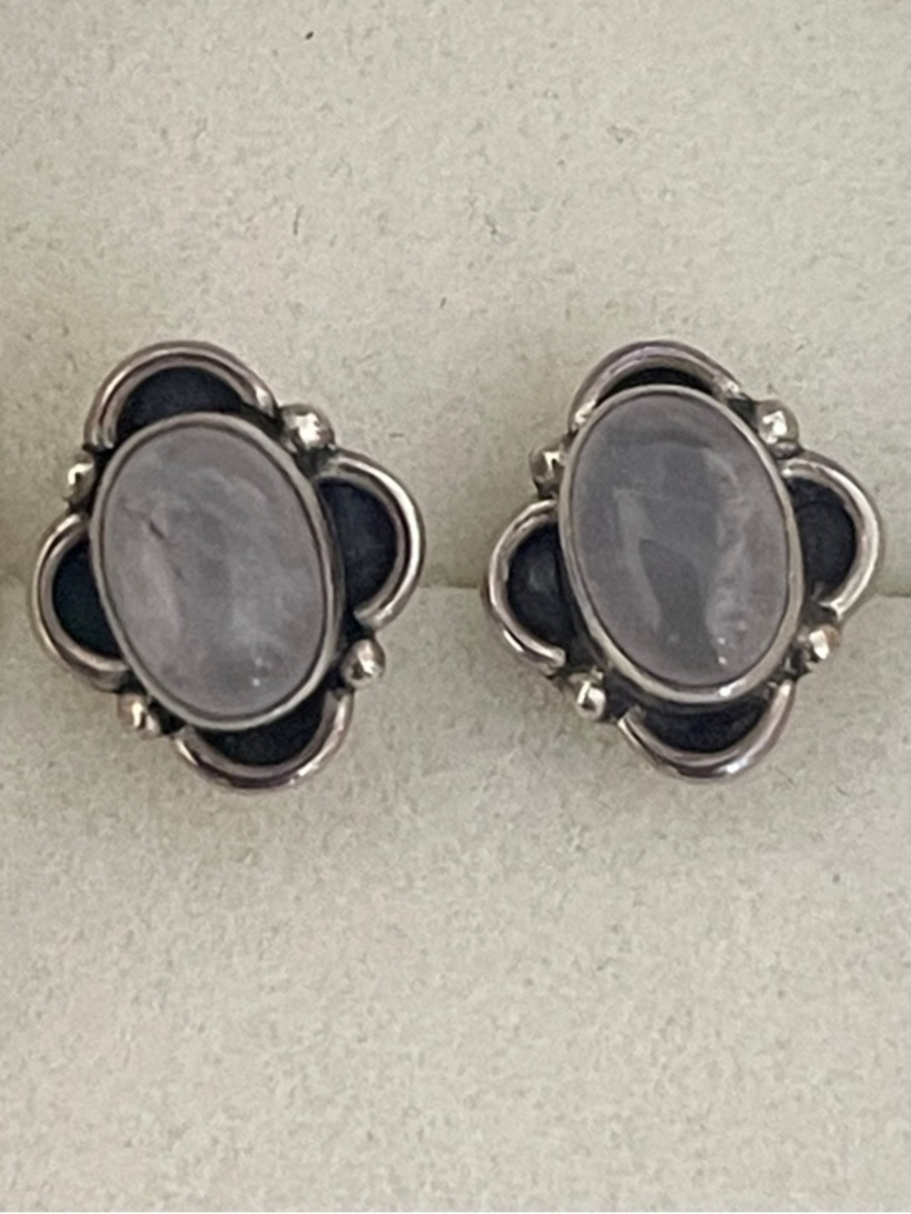 Sterling Silver Oval Quartz Stone Floral Stud Earrings